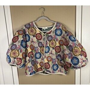 Floral Tapestry Jacket Cottagecore Boho Jacquard M Puff Balloon Sleeve Crop